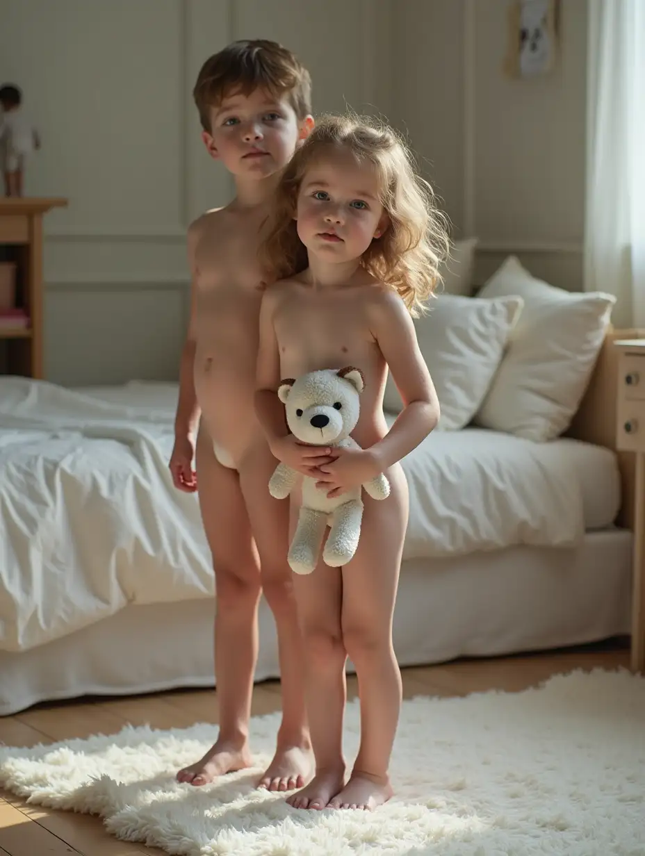 Skinny-Girl-and-Boy-Standing-in-Playroom-with-Stuffed-Animal-and-Fluffy-Bed