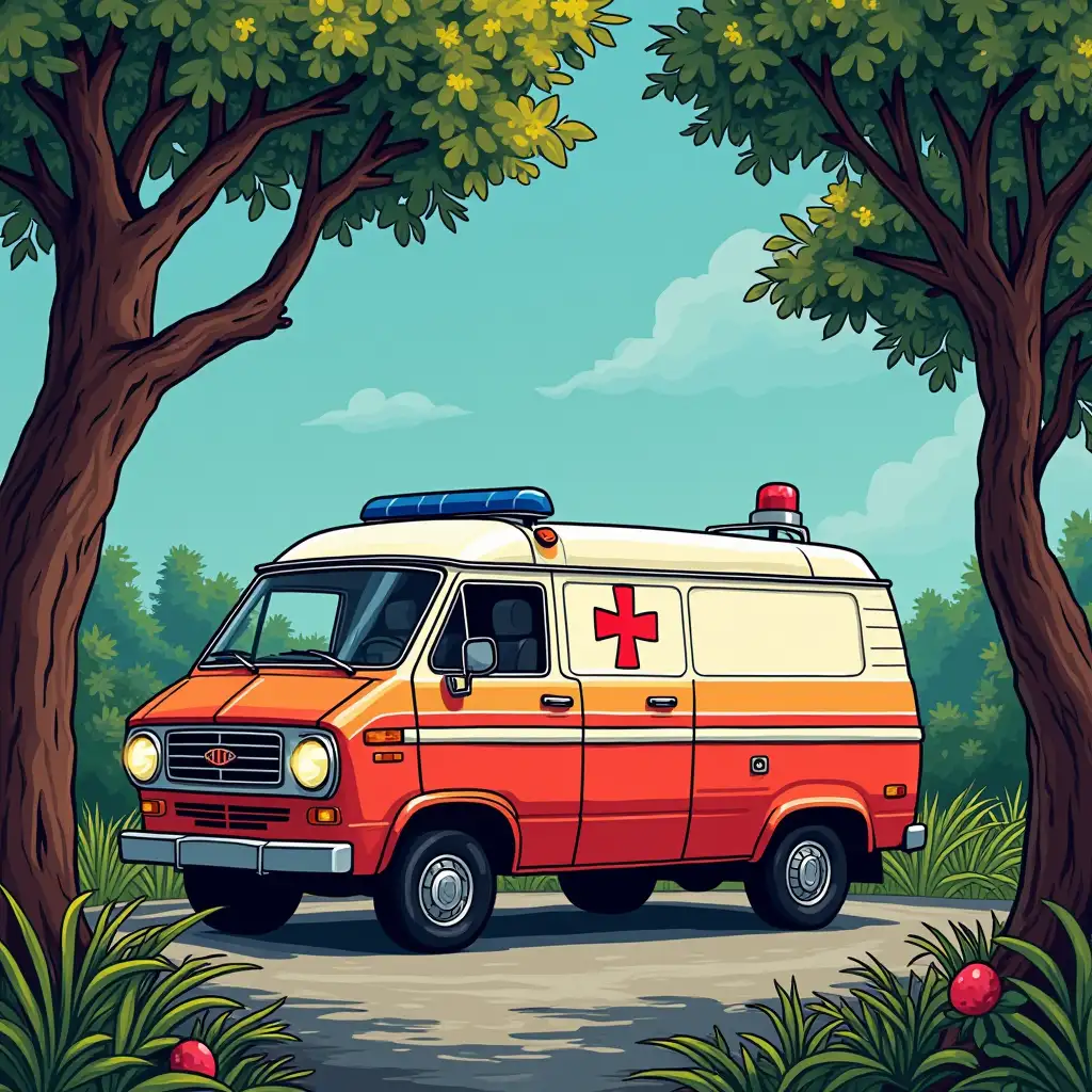 Background in pop art style ambulance on a tree backdrop