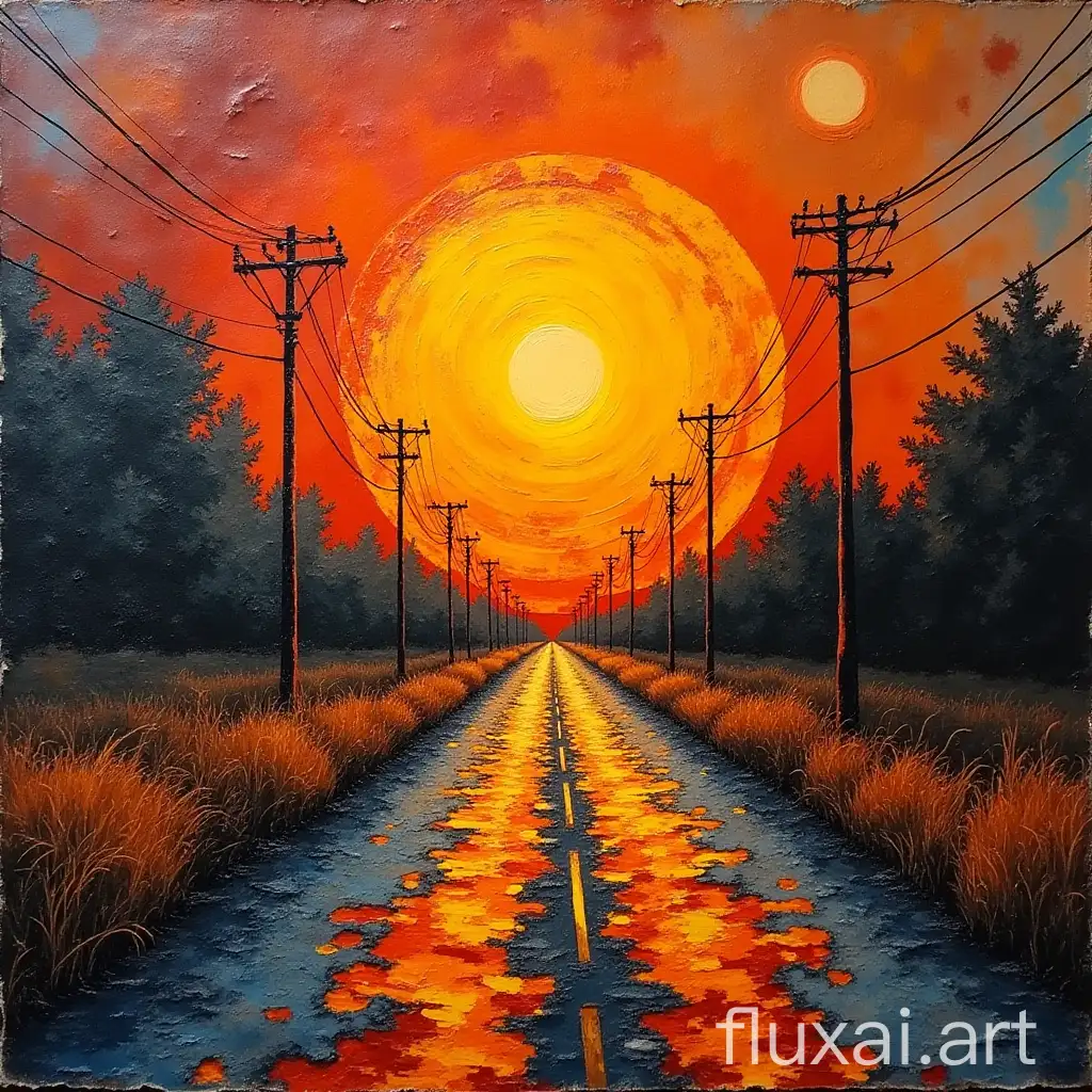 Burning the road with the sun rising behind them, very detailed and highly reliefed analogue mixed media collage with canvas texture in style of conteporary art, punk art, photorealistic, expressionism, masterpiece, perfect composition, spectacular quality torn paper, intricate oil details