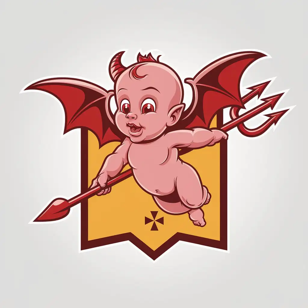 LOGO Design for Demon Baby with Trident Red Flying Demon with Horns in Warner Brothers Cartoon Style