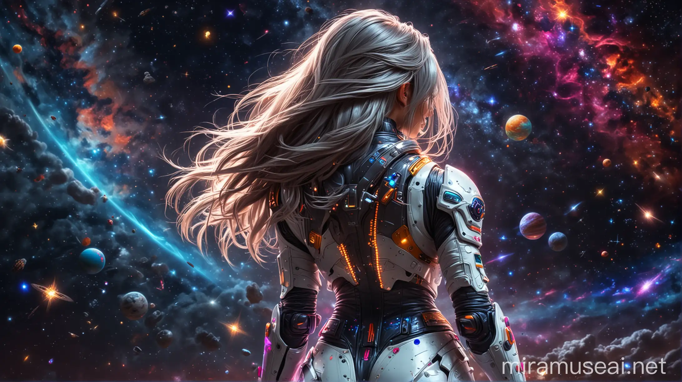 Cartoon Style Woman in Colorful Neon Spacesuit with Galaxy Background