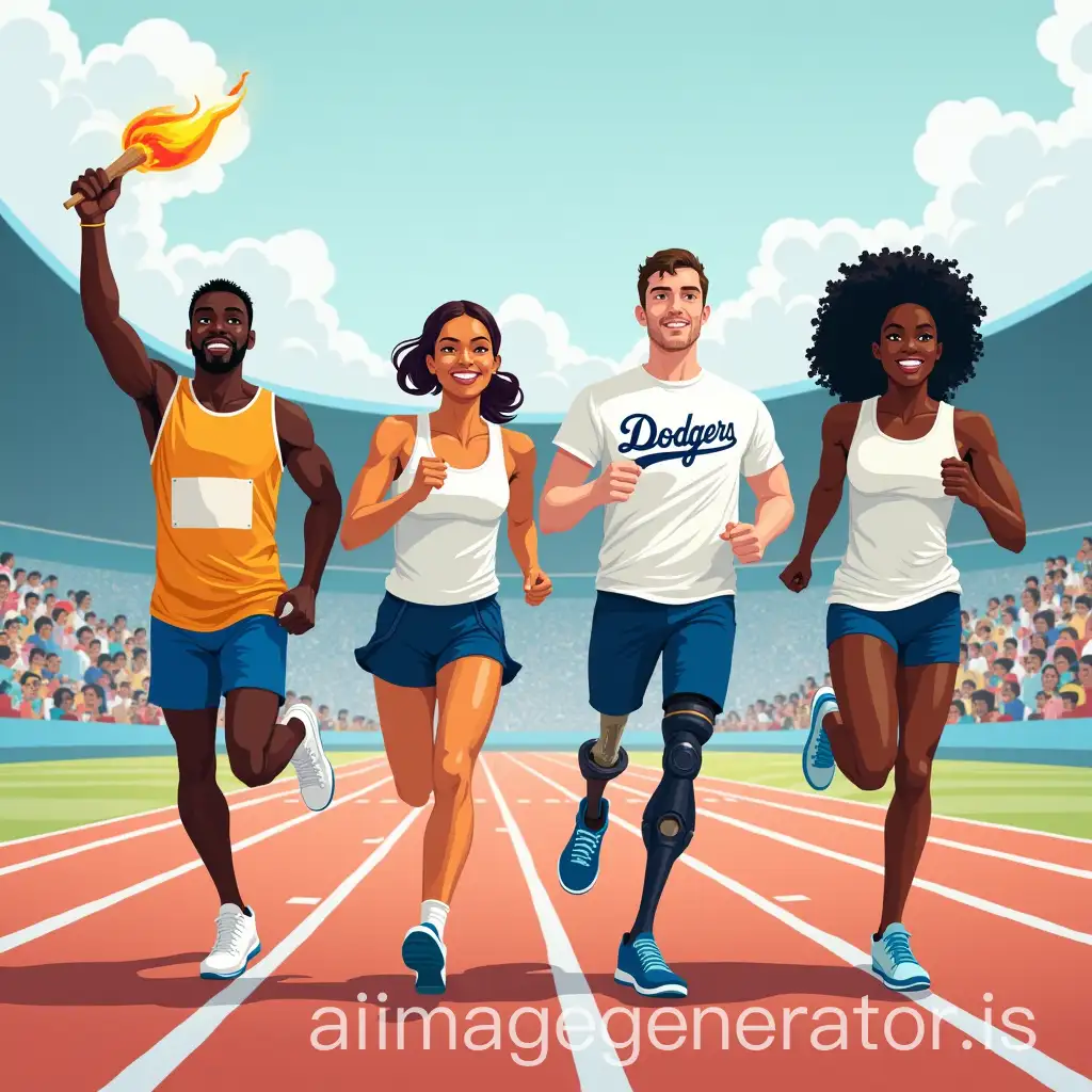 Diverse-Group-of-Athletes-Running-at-Dodger-Stadium-with-Torch