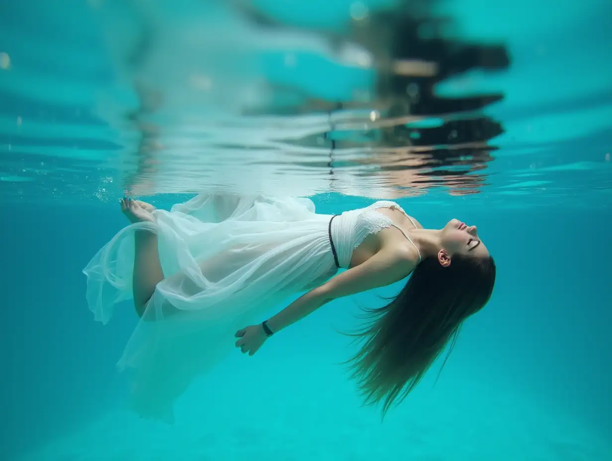 a woman with long brown hair, closed eyes, wearing a thin white veil dress with bare shoulders and back, floating on her back under the water surface, head backward, horizontal profile position facing the water surface, arms and legs hanging, clear blue water, lighting from above