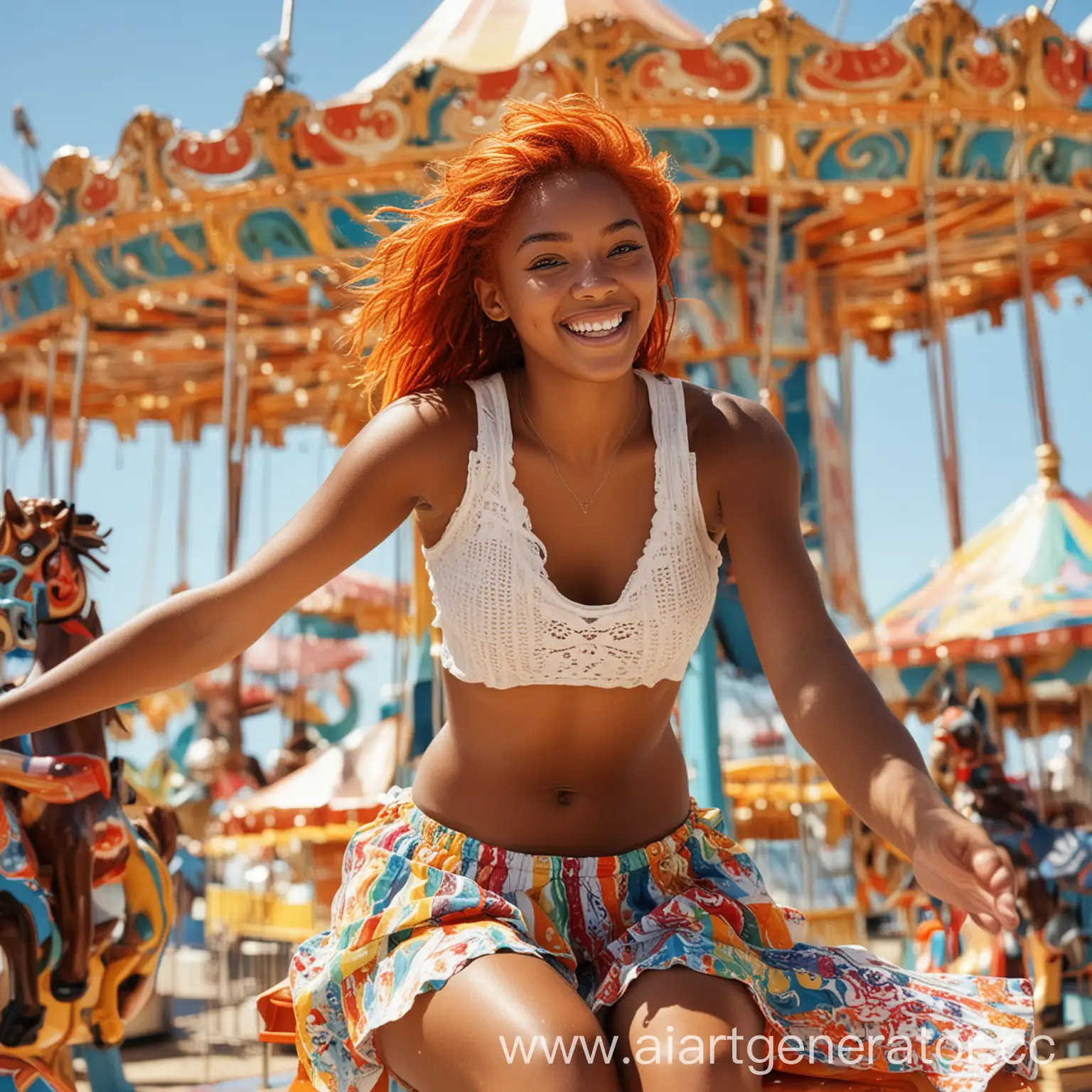 Tall black girl on beach  Orange hair, blue eyes, ,gorgeous face, radiating  smile,  legs ajar , soaking up the sun ((((colorful merry-go-round rides and tents games  background ))))