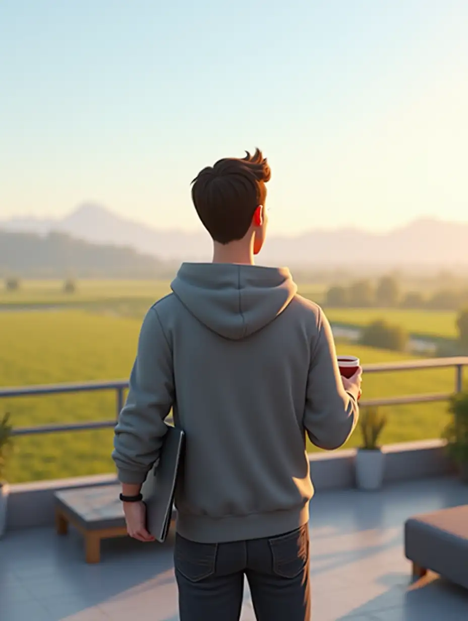 Young-Man-with-MacBook-and-Tea-on-Rooftop-Overlooking-Scenic-Horizon