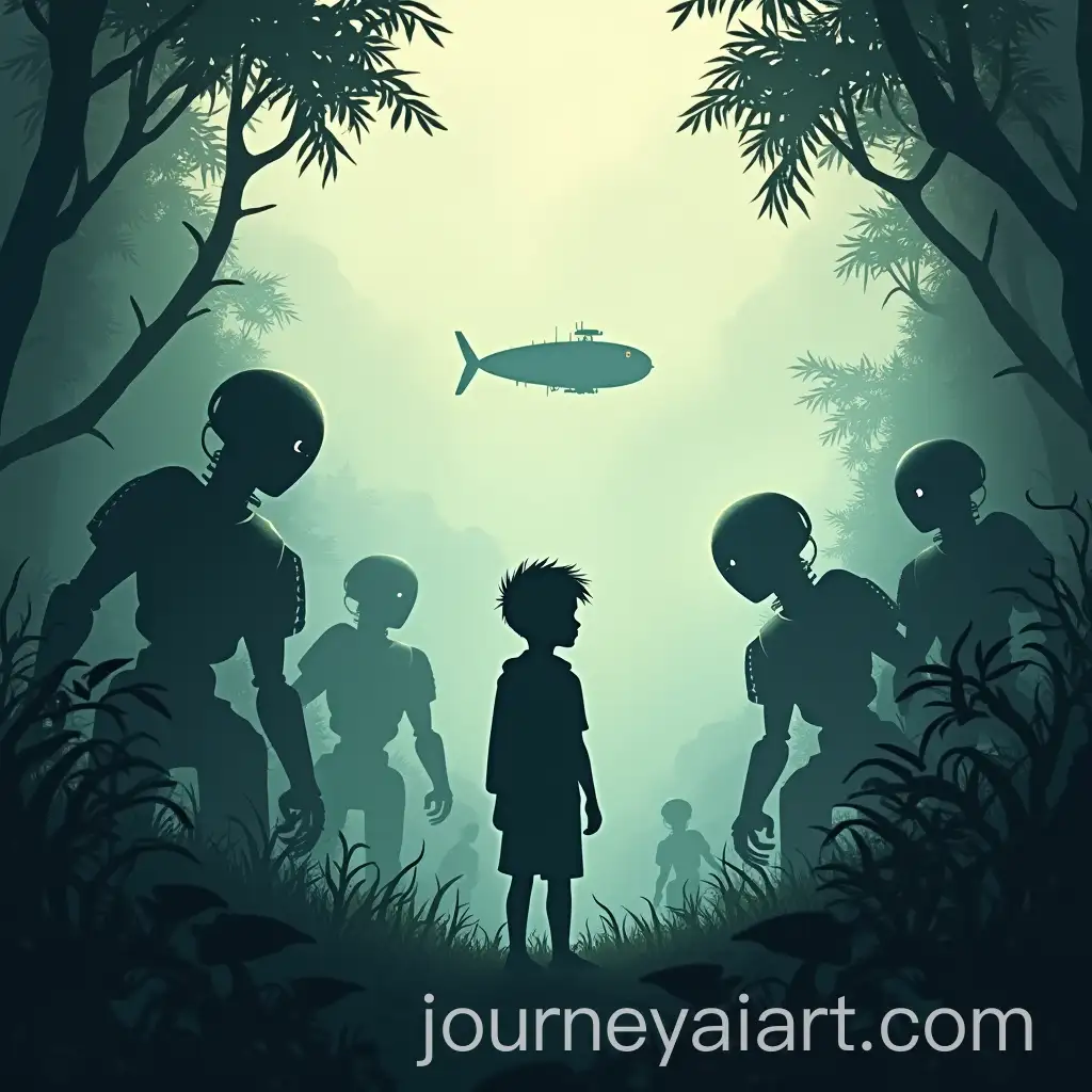 Silhouette-of-a-Boy-Amidst-Oxidized-Robots-in-an-Aether-Jungle