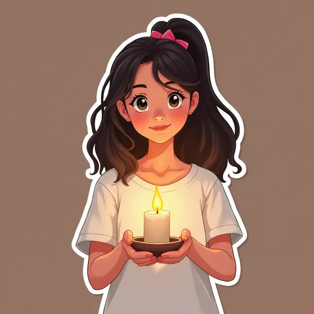 A Disney-style girl in a white T-shirt sticker holds a mini handmade candle burning in her hands