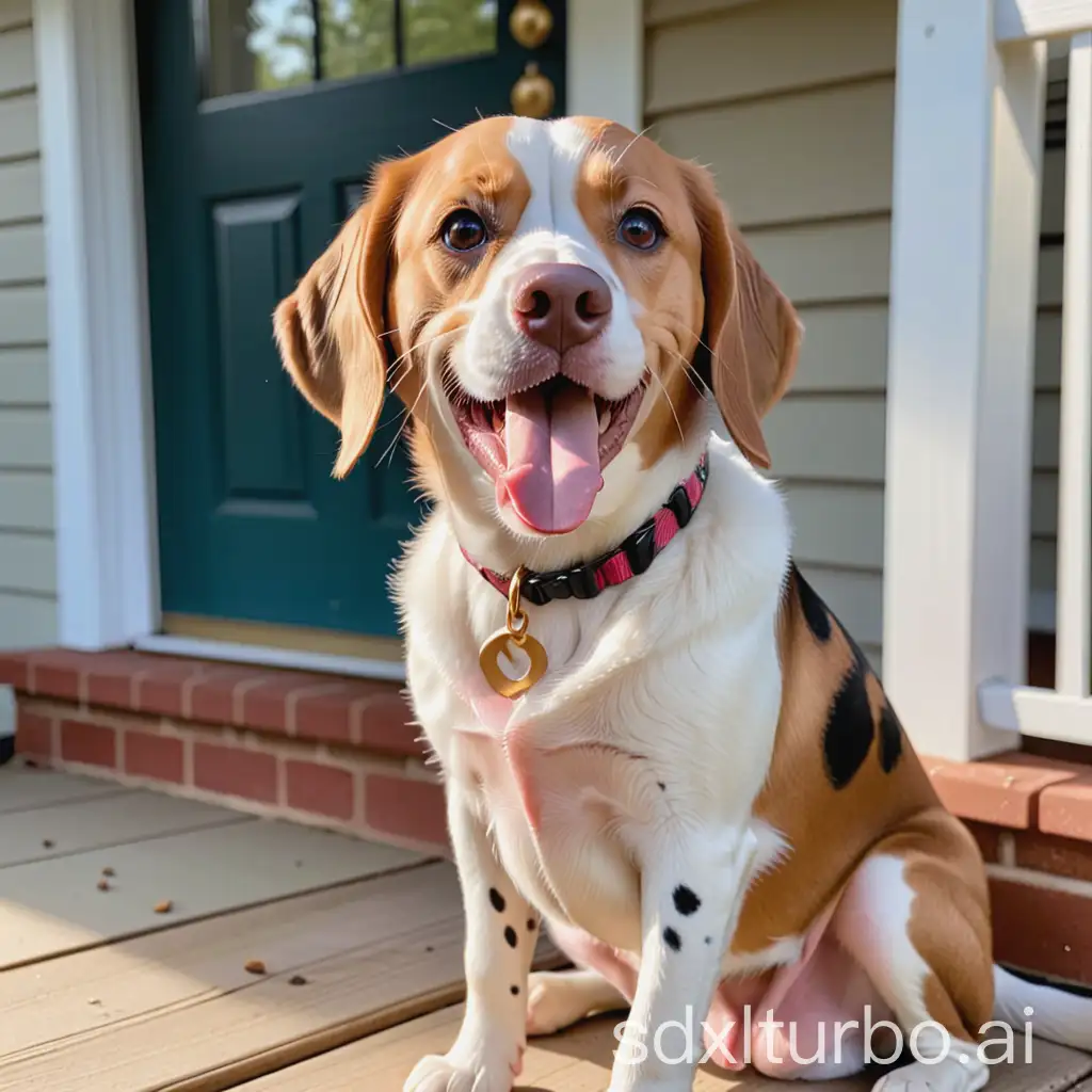 A white-furred dog that is a mix of a Beagle, a Dalmation, and a Golden Retriever is sitting on a porch with its mouth open, smiling and panting with its tongue hanging out