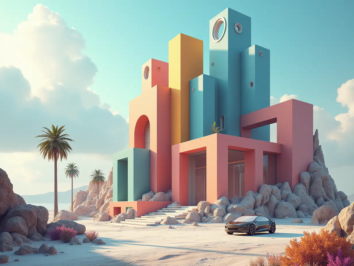 Create a high-resolution realistic image in 4k resolution of a futuristic building with various colored buildings, curved pillars, palms, rocks and a futuristic vehicle with a cloudy sky