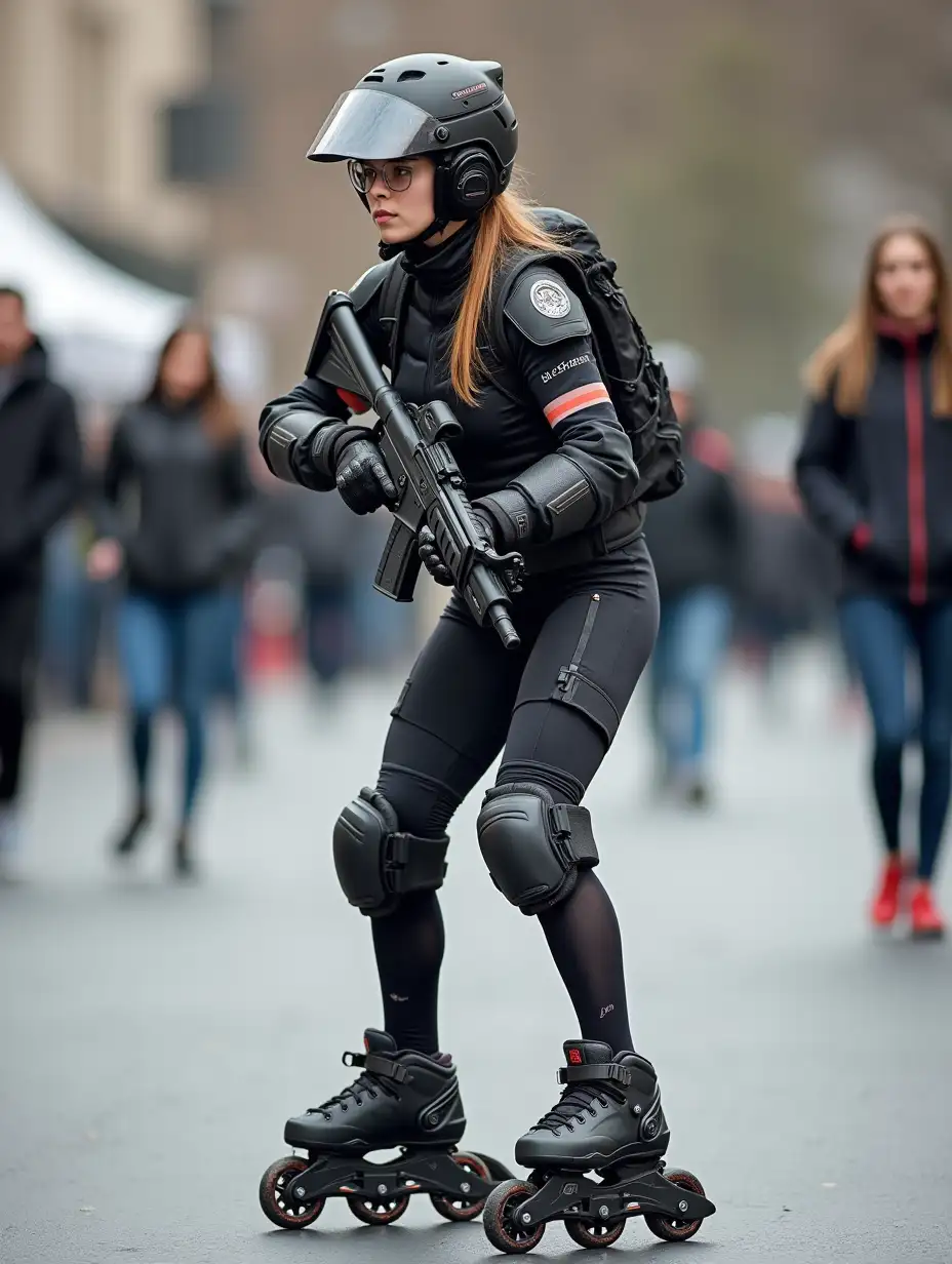 a 17 year old airsoft geared woman at a distance, she is skating on a street, holding a weapon, ordinary people in background, clothes have racing colors, she is wearing lots of functional sportswear, cycling gloves, airsoft helmet with transparent visor over eyes, smartwatch, thick plastic knee pads, modern inline skates with complete organized wheels