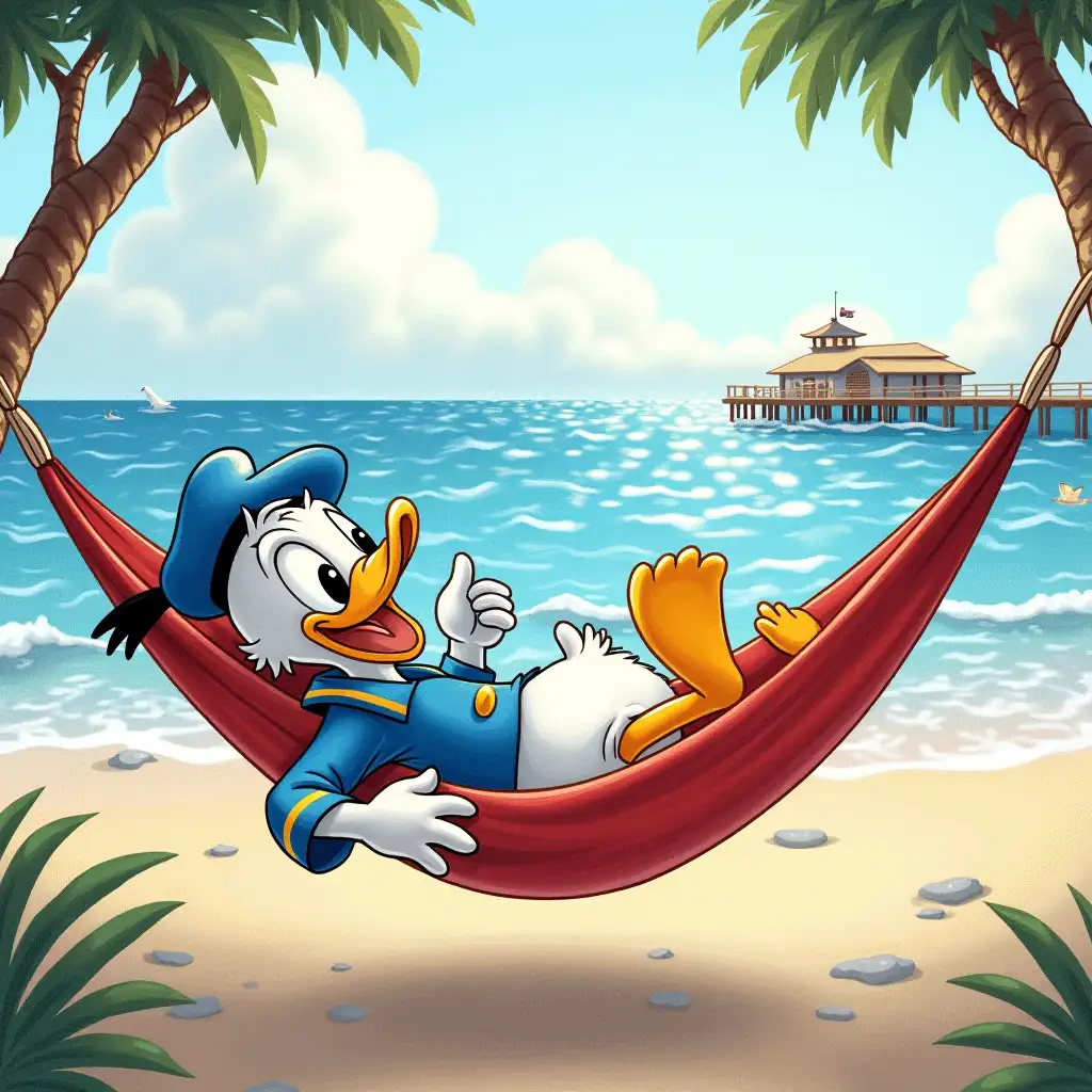 drawing of Donald Duck lying on a hammock, viewed from behind. In the background there is a dock, sparkling sea, some seagulls ,