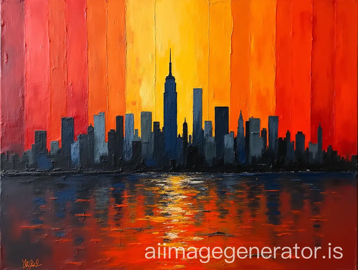 painting heavy impasto. manhattan traced by united vertical bands, of colors, red, gray, black, on orange sky. Reflecting in the sea, with united horizontal bands.