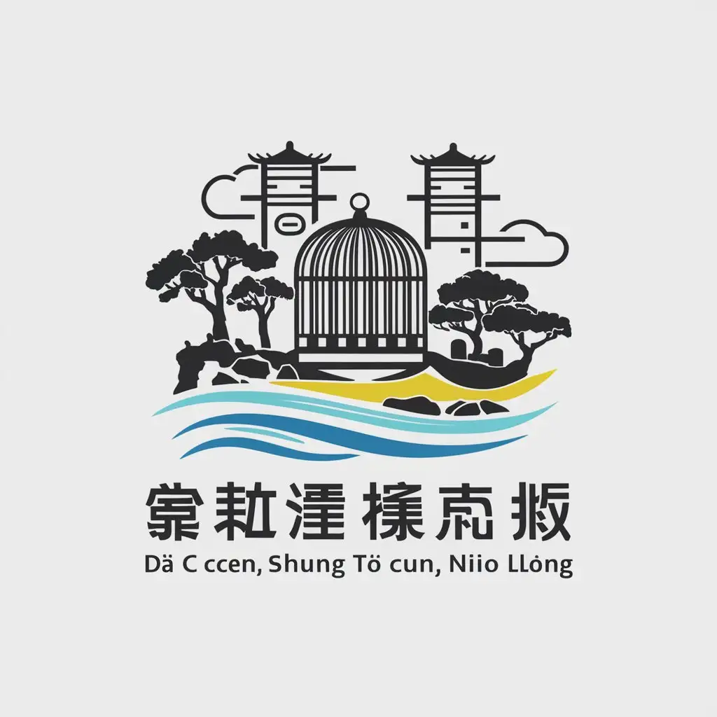 a vector logo design,with the text "Dà ō cūn, shuāng tǎ cūn, niǎo lóng", main symbol:Traditional birdcage, traditional cultural heritage, traditional village, ancient trees, flowing water, cloudy, double towers,Moderate,be used in Travel industry,clear background