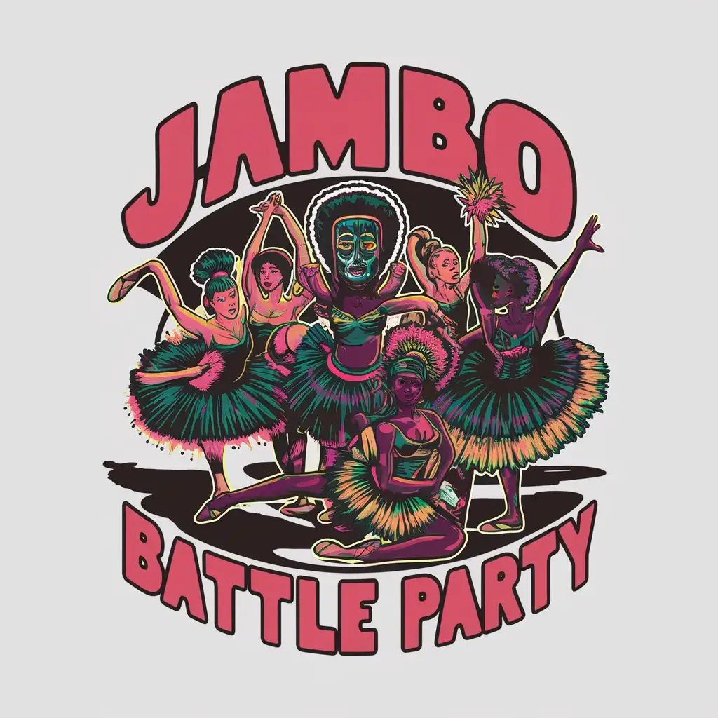 LOGO Design for Jambo Battle Party Afro Dance Battle with Ballerinas African Mask and Psychedelic Elements