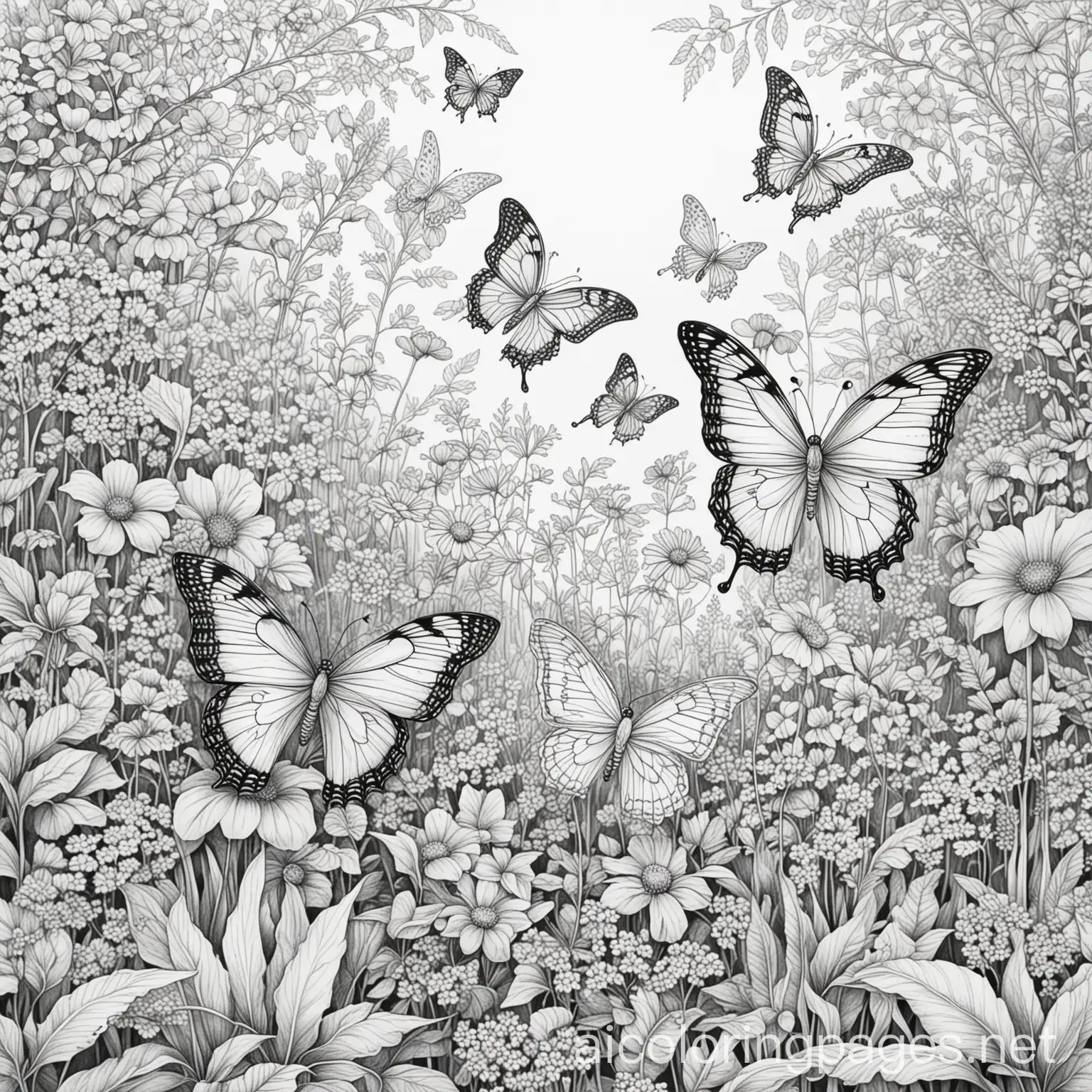 dreamy inspirational butterflies in a garden, Coloring Page, black and white, line art, white background, Simplicity, Ample White Space. The background of the coloring page is plain white to make it easy for young children to color within the lines. The outlines of all the subjects are easy to distinguish, making it simple for kids to color without too much difficulty