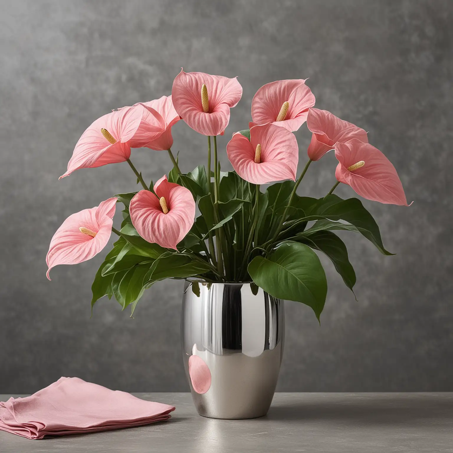 simple elegant centerpiece with pink anthuriums in silver modern elegant vase; keep background neutral
