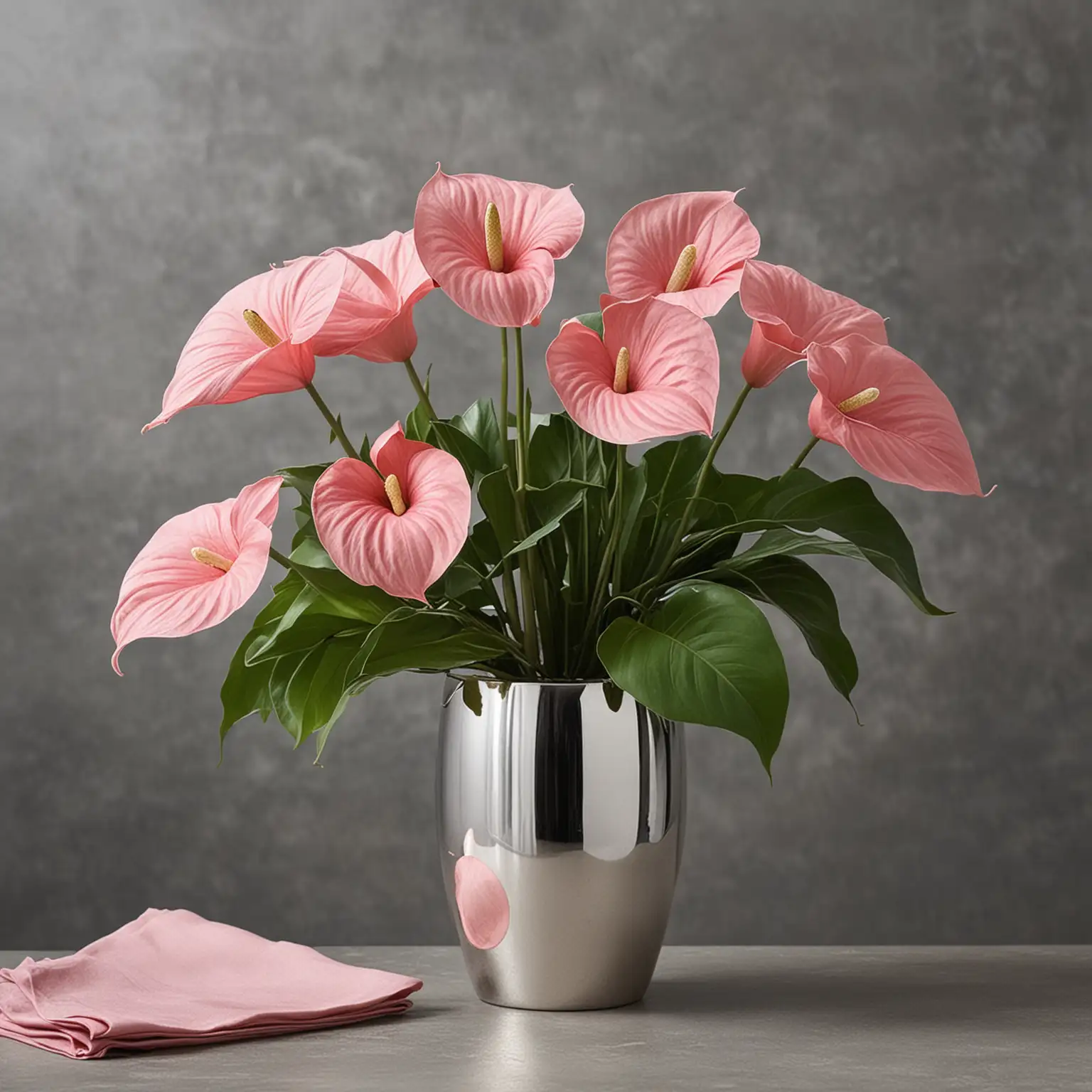 Modern-Silver-Vase-with-Pink-Anthuriums-as-Elegant-Table-Centerpiece