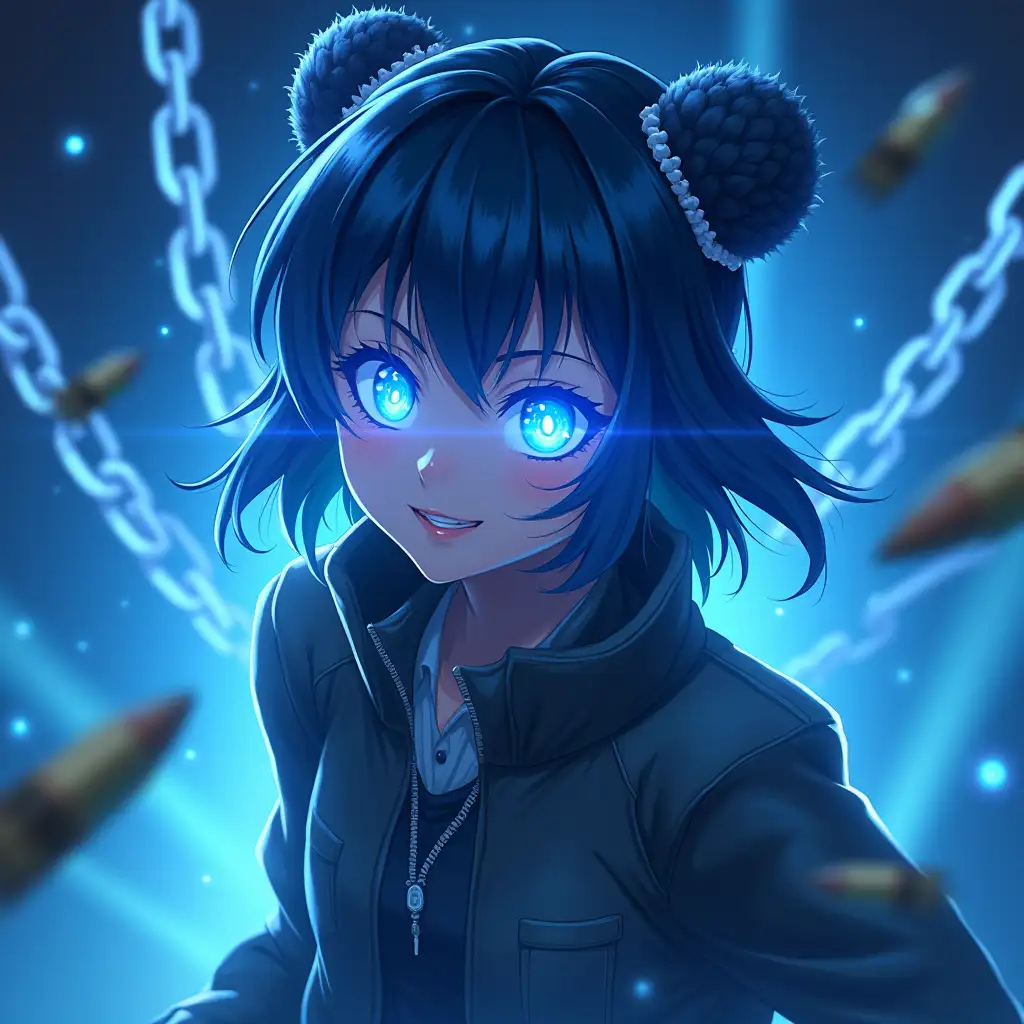 powerful anime girl with blue shine and chains add bullet flying past the eyes more shine and power add bullets more in general add bulletholes more vibe and fog