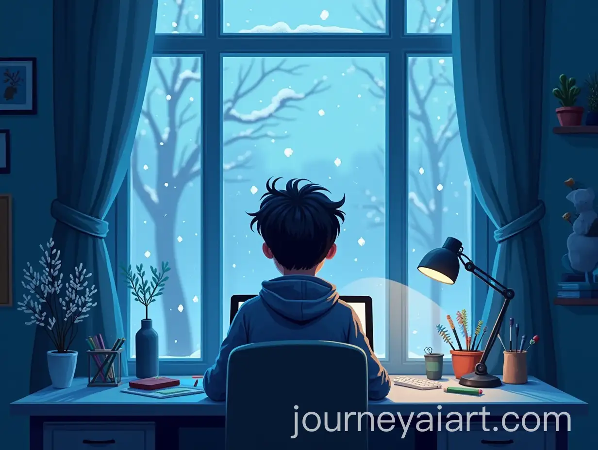 Smiling-Boy-Working-on-Laptop-in-WinterThemed-Room-with-Snowfall-View
