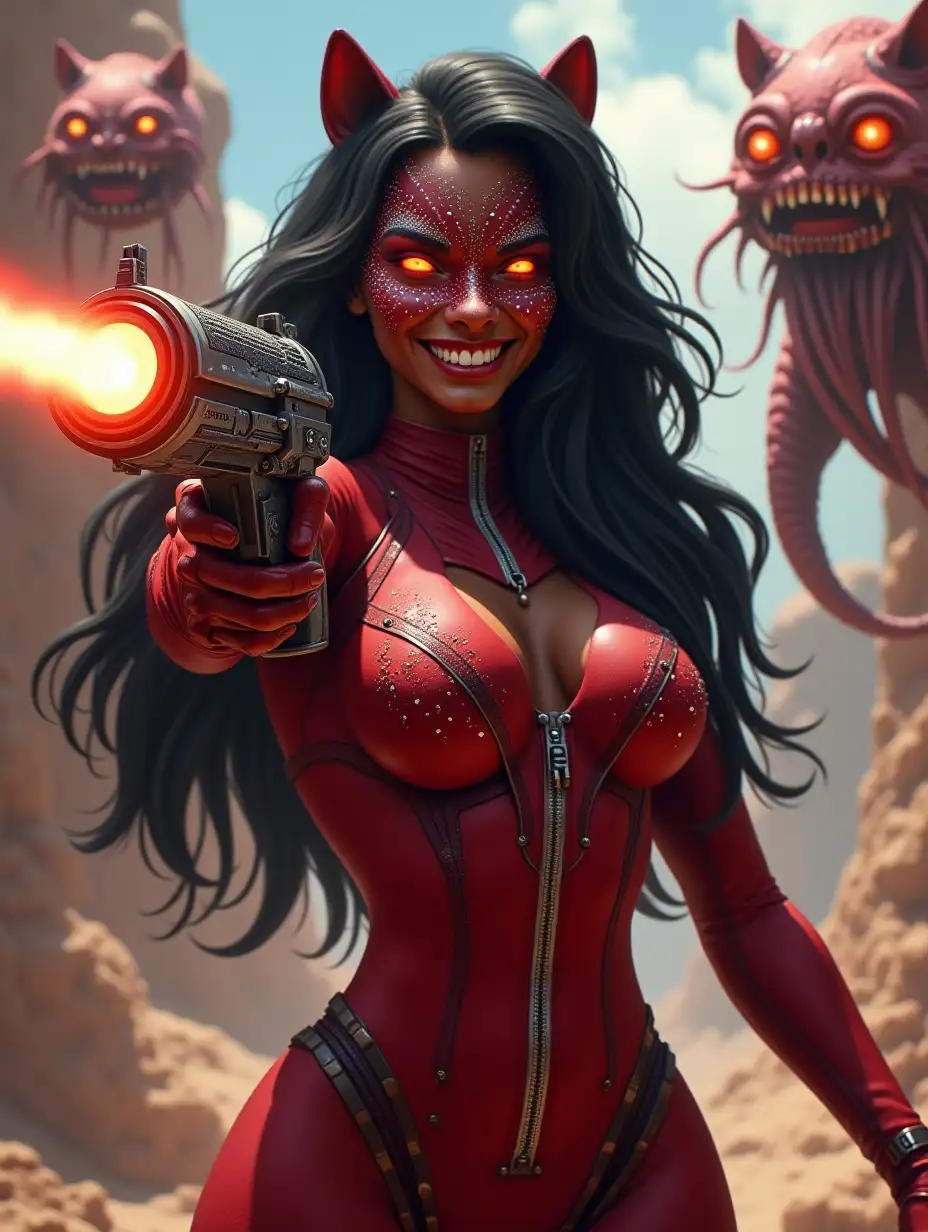 Digital painting, hyperrealism. A zoomorphic panther woman with long black hair and red glowing eyes, shoots a space blaster, smiles with white teeth, in a tight crimson spacesuit with sequins and a scattering of cubic zirconia, stands in the middle of a futuristic, otherworldly landscape, and strange fantastic creatures with huge eyes and bizarre tentacles fly around her.