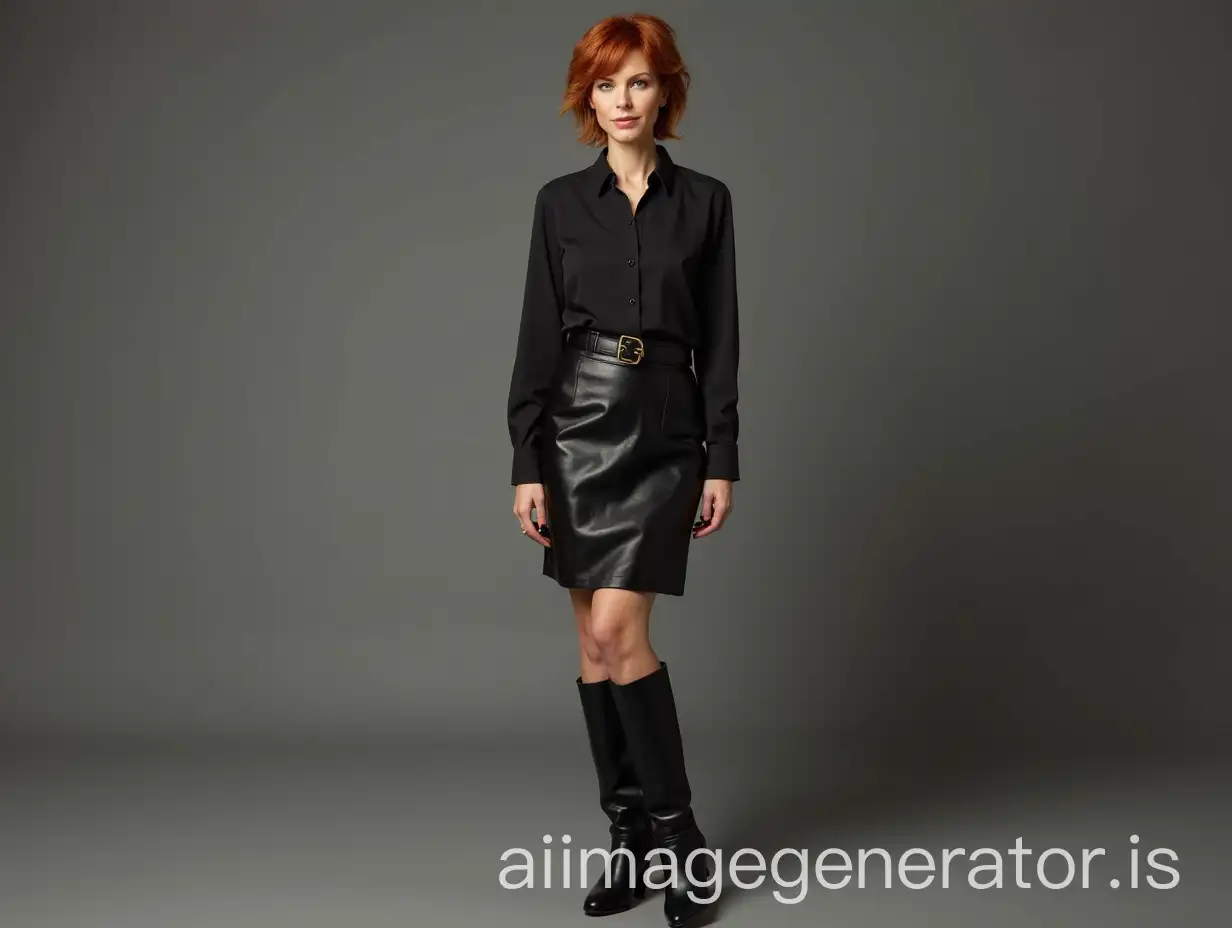 mature woman with red short hair wearing black leather skirt and boots with high heels