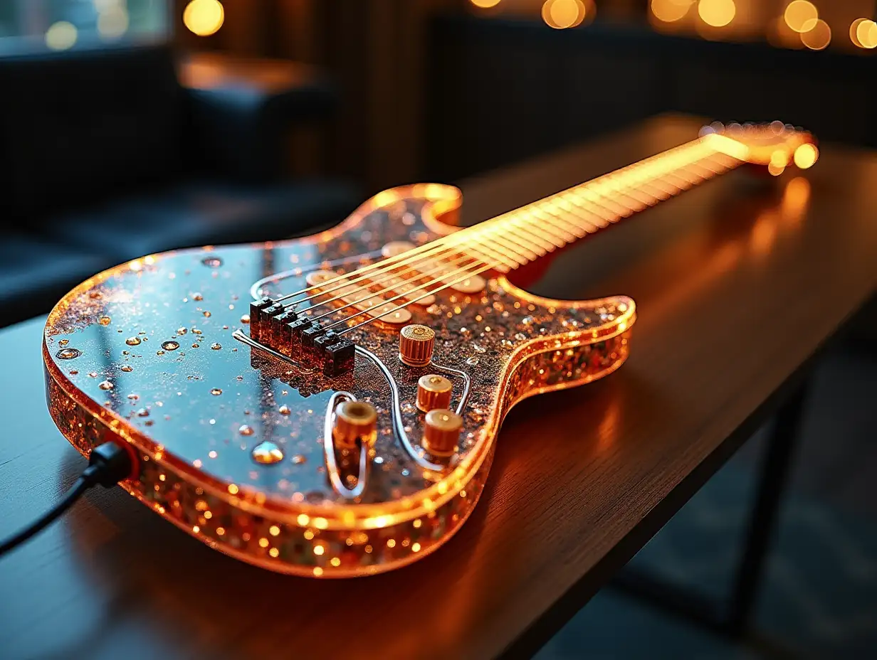 electric guitar made of glass on a beautiful table