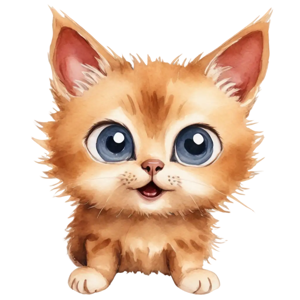 Cute baby kitten with big eyes, smiling. Watercolor cartoon style.