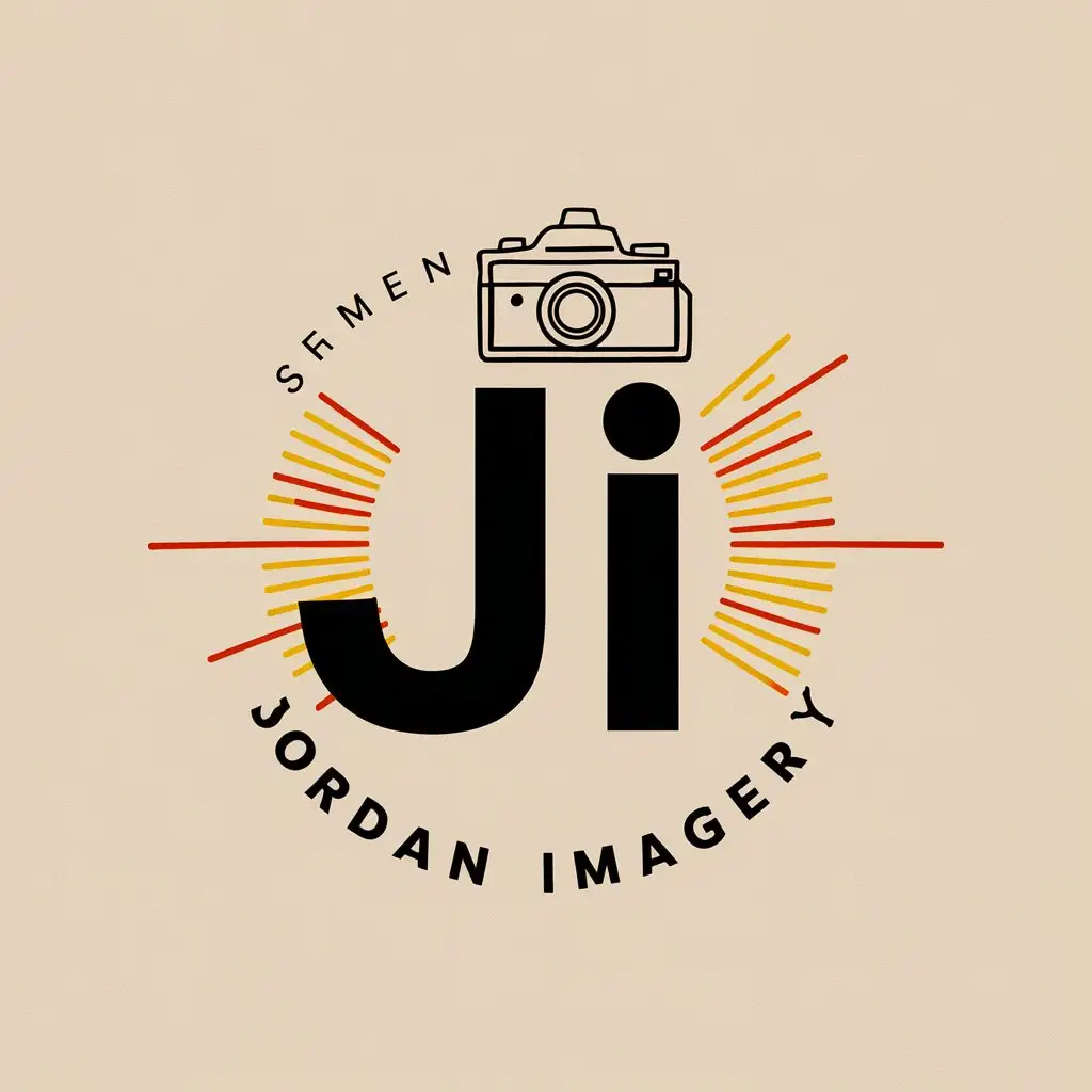 LOGO Design for Jordan Imagery Bold JI Letters with Camera and Radiating Burst in Black and White with Orange and Yellow Accents