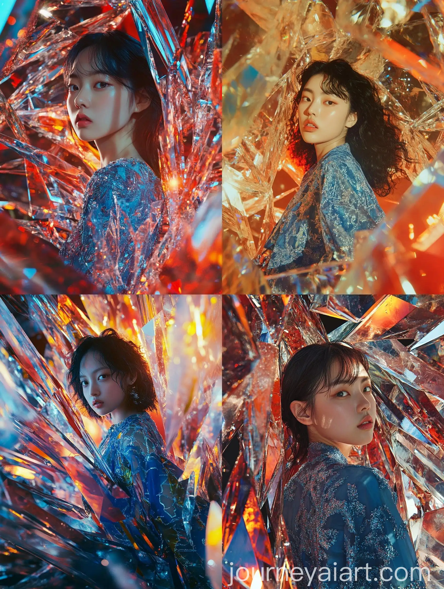 Korean-Woman-in-Blue-Dress-Surrounded-by-Dramatic-Crystal-Arch