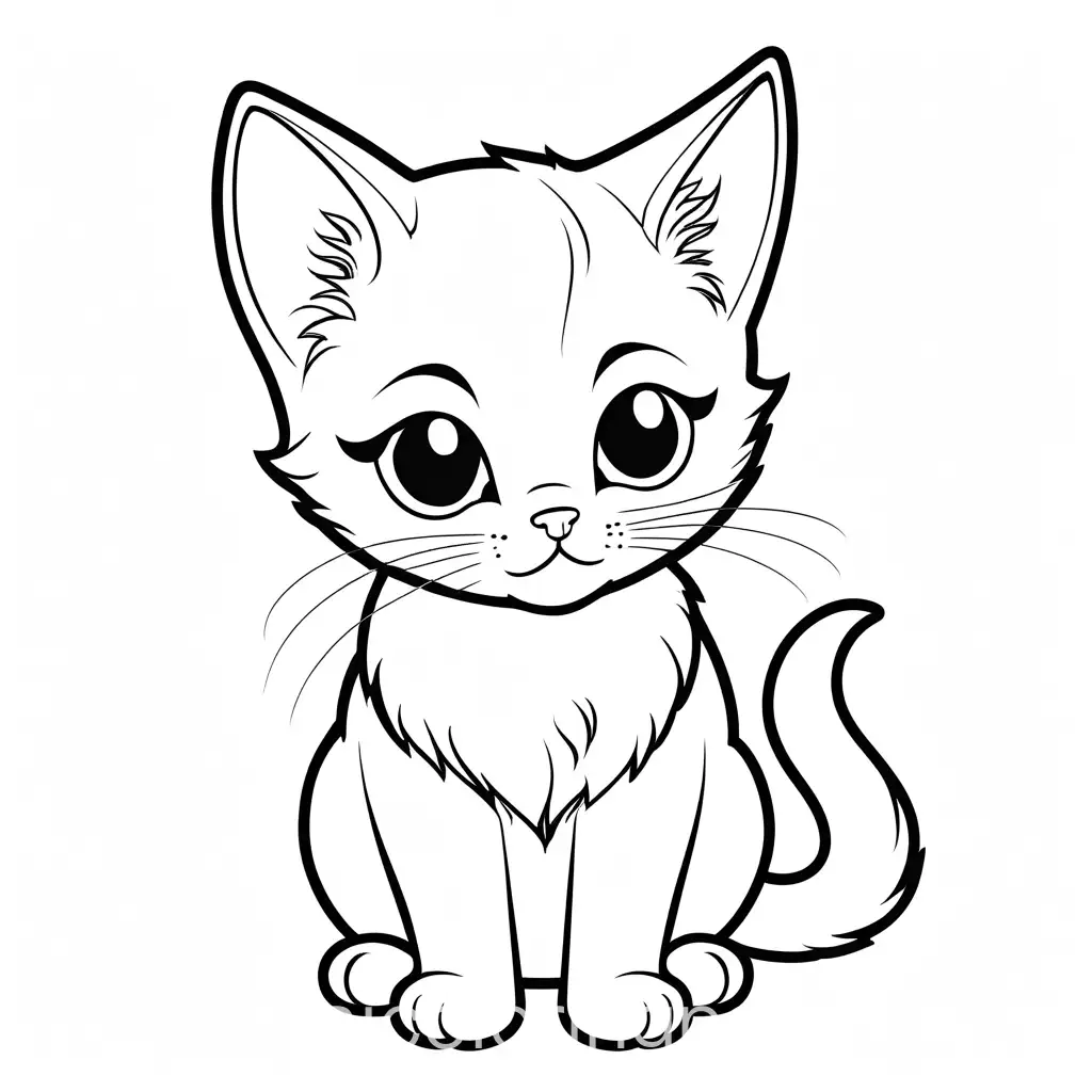 a kitten sitting and looking cute, Coloring Page, black and white, line art, white background, Simplicity, Ample White Space. The background of the coloring page is plain white to make it easy for young children to color within the lines. The outlines of all the subjects are easy to distinguish, making it simple for kids to color without too much difficulty