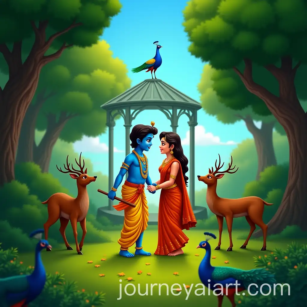 Romantic-Scene-of-Lord-Krishna-and-Radha-in-a-Lush-Forest-with-Peacocks-and-Deer
