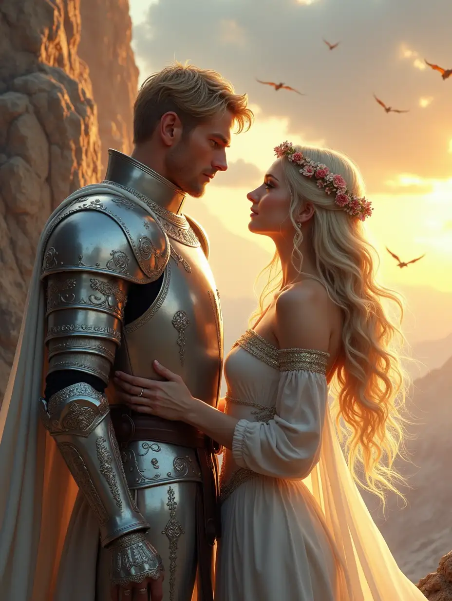 A bright and romantic fantasy scene in which a heroic knight in sparkling silver armor with intricate ornaments stands next to a beautiful woman with long flowing blonde hair decorated with an elegant floral crown. She is dressed in elegant minimalistic armor with gold inserts, radiating strength and grace. They stand close to each other, their expressions tense and filled with mutual admiration, and in the background there is a majestic dragon, whose scales glisten in the sun. The action takes place in a breathtaking mountain landscape, on the edge of the dragon's lair, bathed in the golden light of the setting sun. The sky is filled with spectacular clouds and flying dragons, which creates a sense of epic adventure and fantasy. Digital painting, superreal