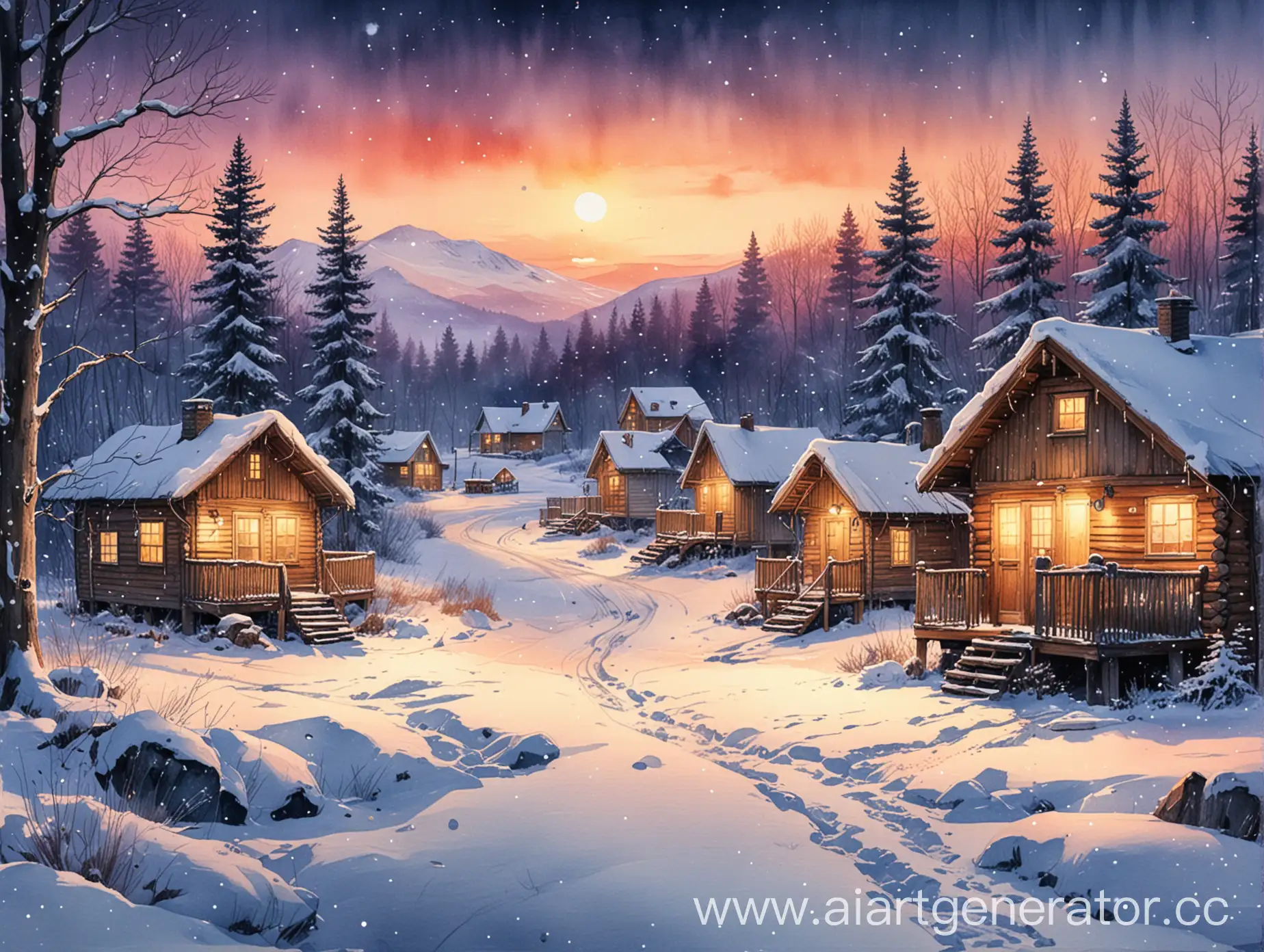 Snowy-Winter-Cabins-at-Sunset-with-Street-Lights-and-Magical-New-Year-Atmosphere