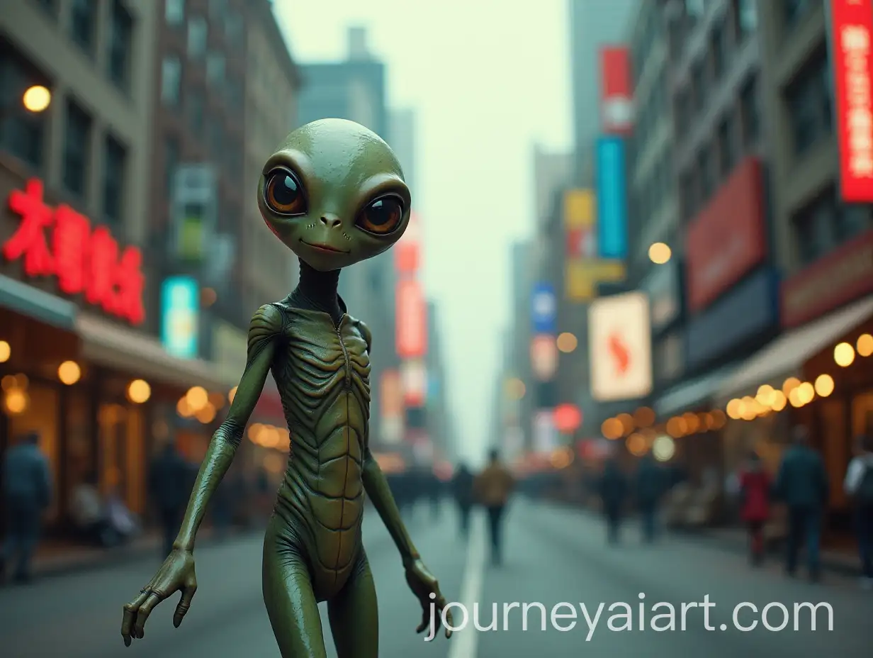 Bewildered-Alien-Stepping-Out-of-UFO-in-City-Street
