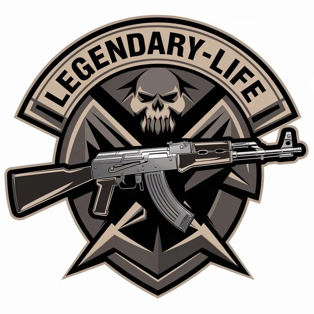 a vector logo design,with the text "Legendary-Life", main symbol:Gun AK-47,complex,be used in Entertainment industry,clear background