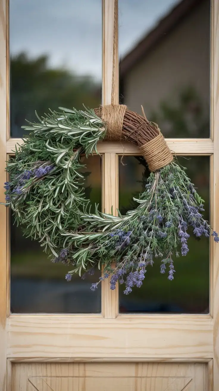 CloseUp-of-Rustic-Herb-Wreath-on-Natural-Wood-Door-with-Rosemary-Thyme-and-Lavender