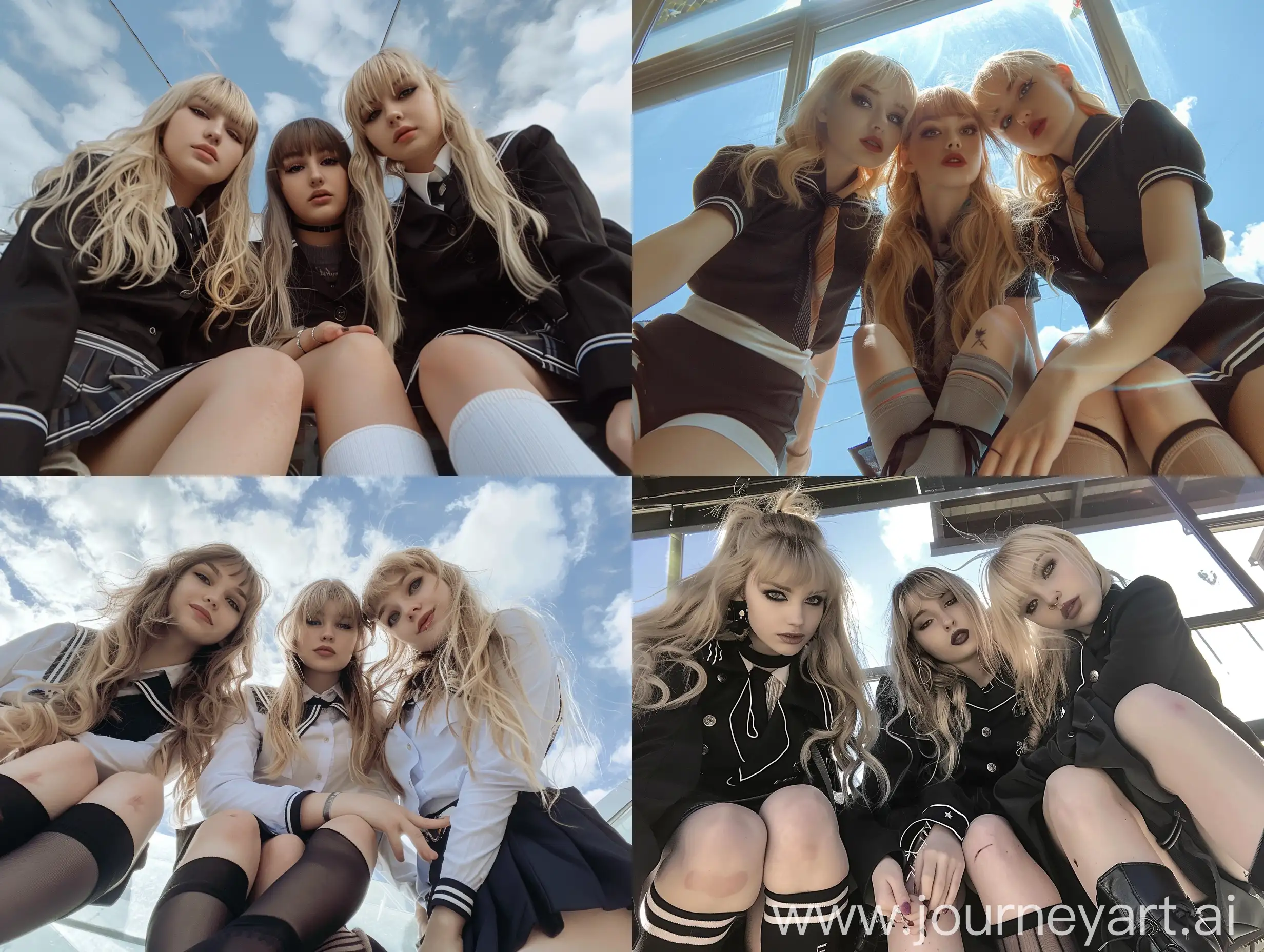 Three-Young-Women-in-Black-RBD-School-Uniforms-Taking-Natural-Sky-View-Selfie