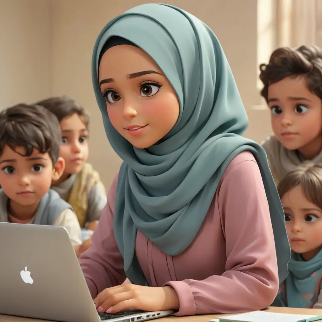 a girl who wears a hijab. Is teaching children through a laptop