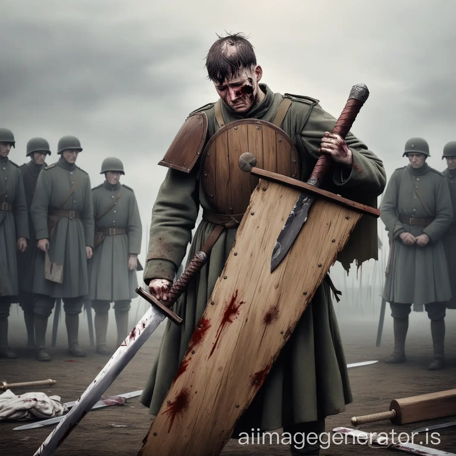 A sad wounded soldier with old wooden sword and wooden shield