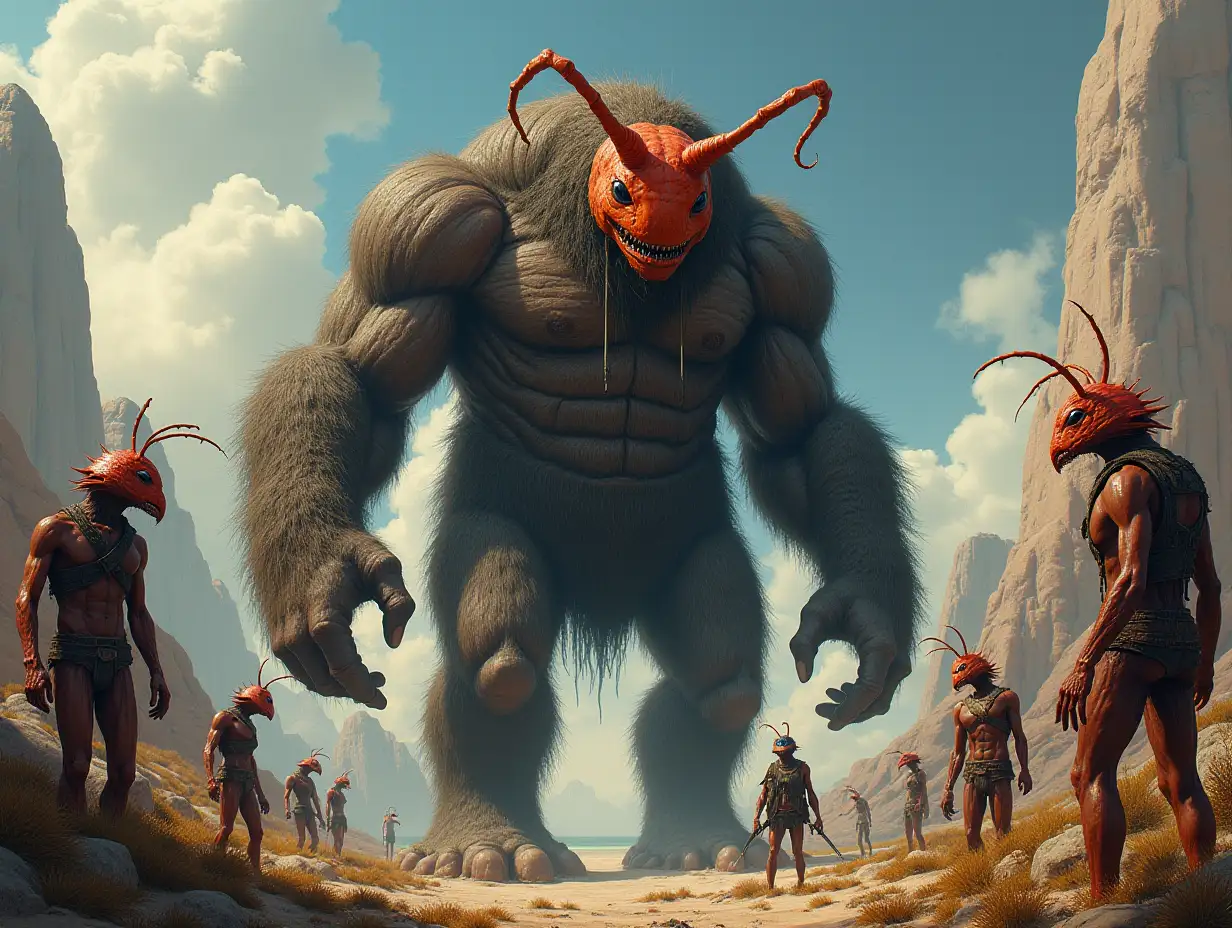 Ultradetailed hyperrealistic portrait of a giant titan with an ant head, full-body hair in a place with various strange creatures with intricately detailed, colorful