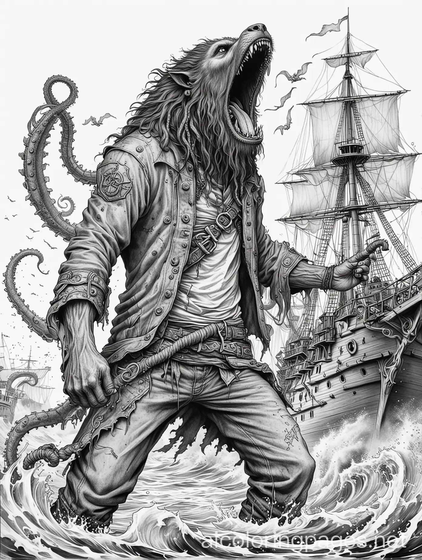 Werewolf-Battling-Kraken-Coloring-Page