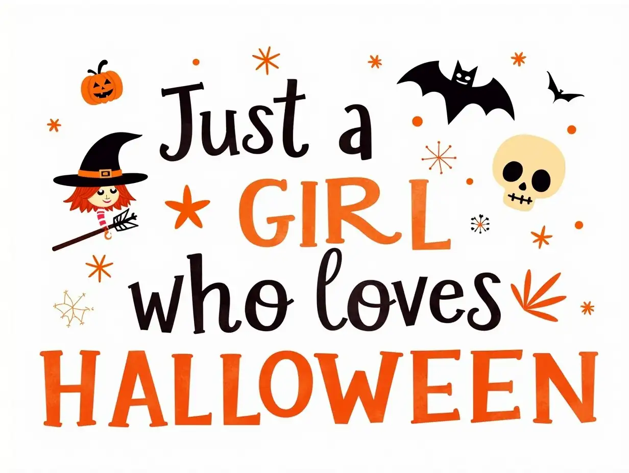 vector, Watercolor, 64k. Create a Halloween-themed with a design that includes a witch, a pumpkin, a bat, and a skull. featuring the word 'Just a Girl Who Loves Halloween' in bold, center.