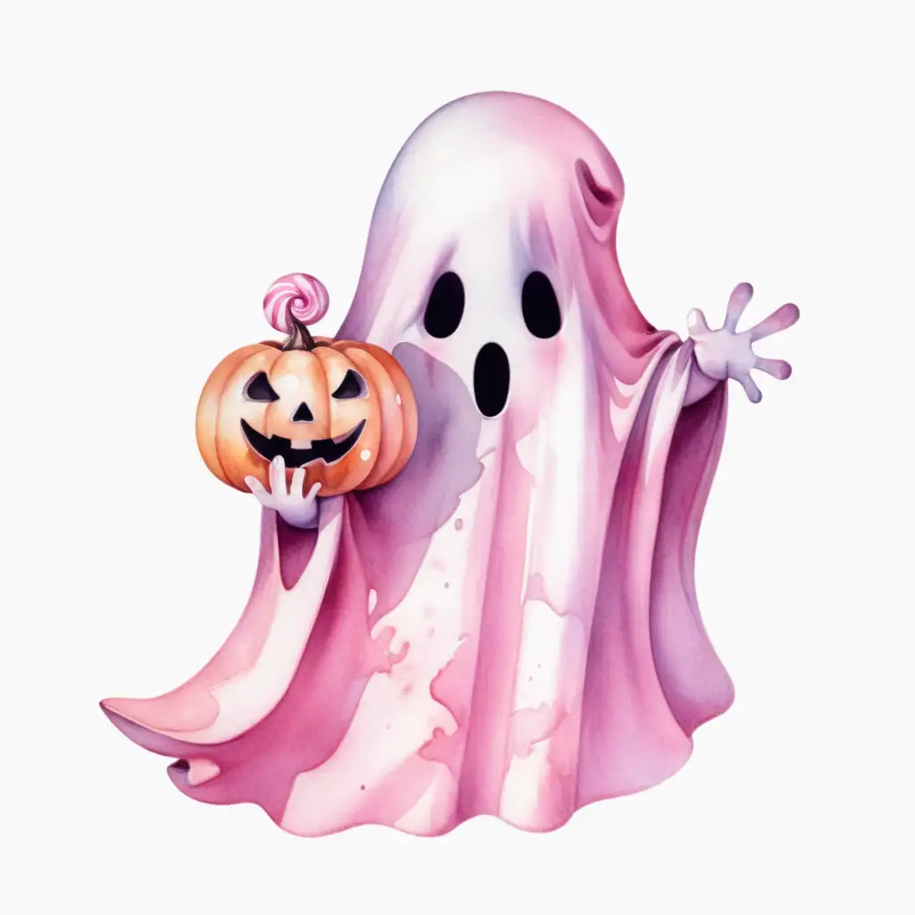 Adorable Watercolor Halloween Pink Ghost with Candy Bag