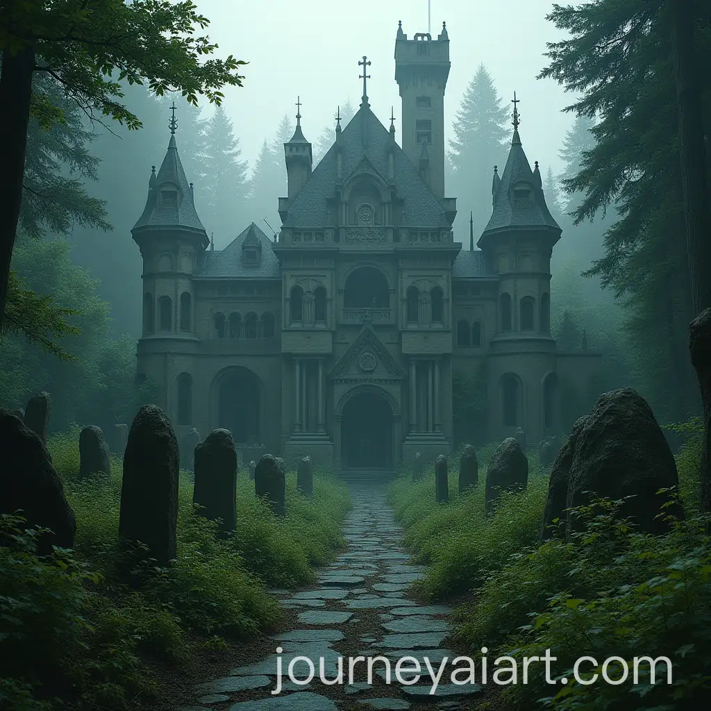 Majestic-Necropolis-Castle-Surrounded-by-Lush-Forest-and-Overgrown-Graveyard