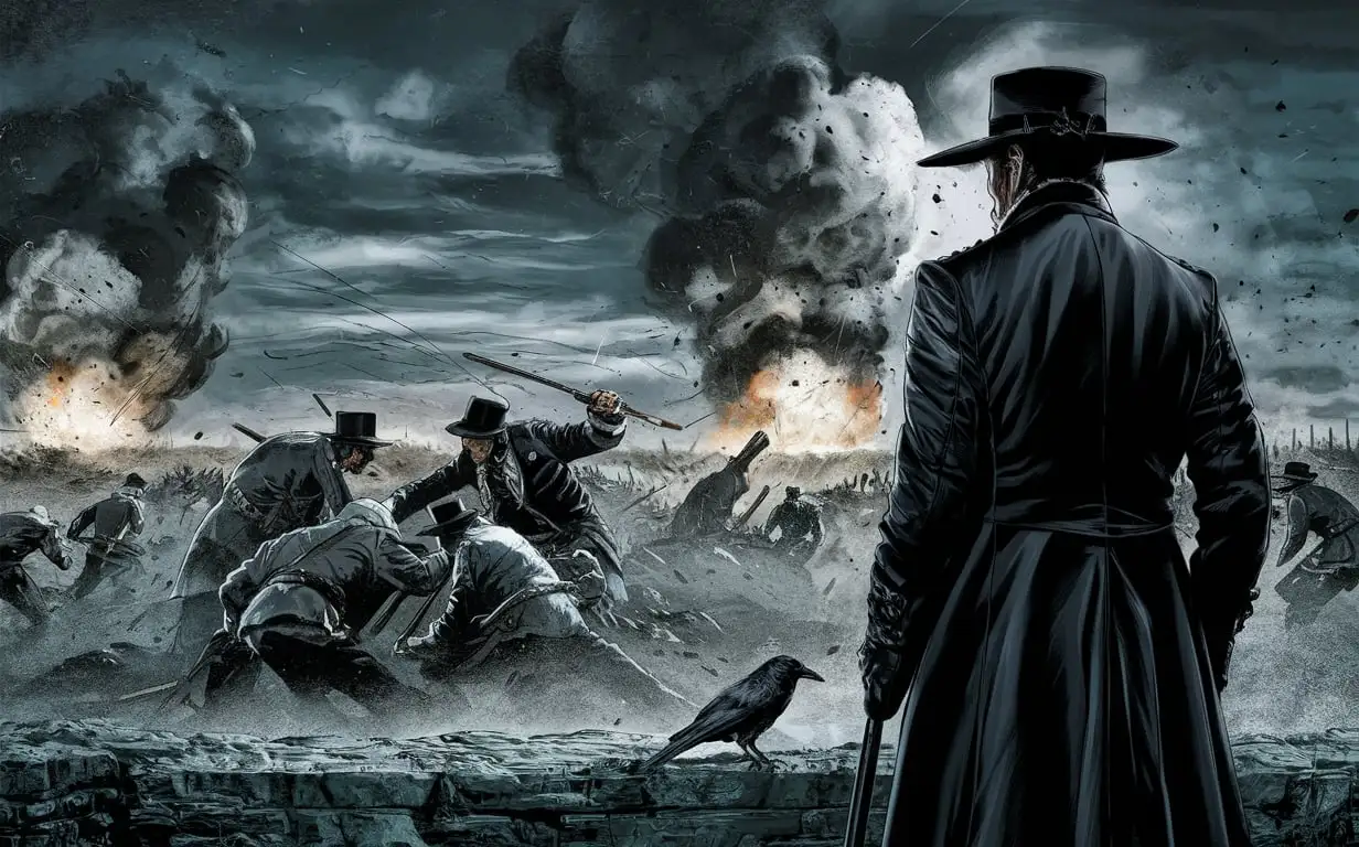 Dark Comic Book Art Civil War Battle Scene with Mysterious Figure and Crow