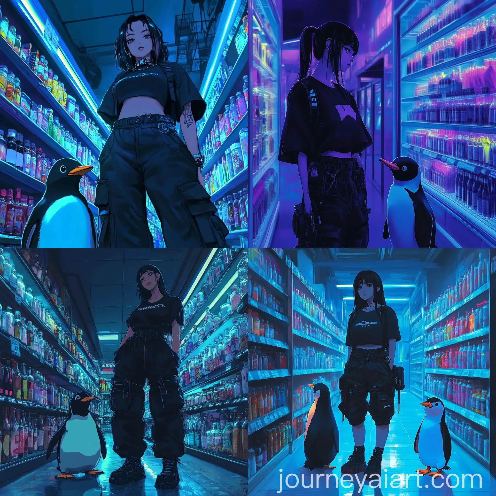 Futuristic-Anime-Woman-in-Gothic-Outfit-with-Confused-Penguin-in-Neonlit-Grocery-Aisle