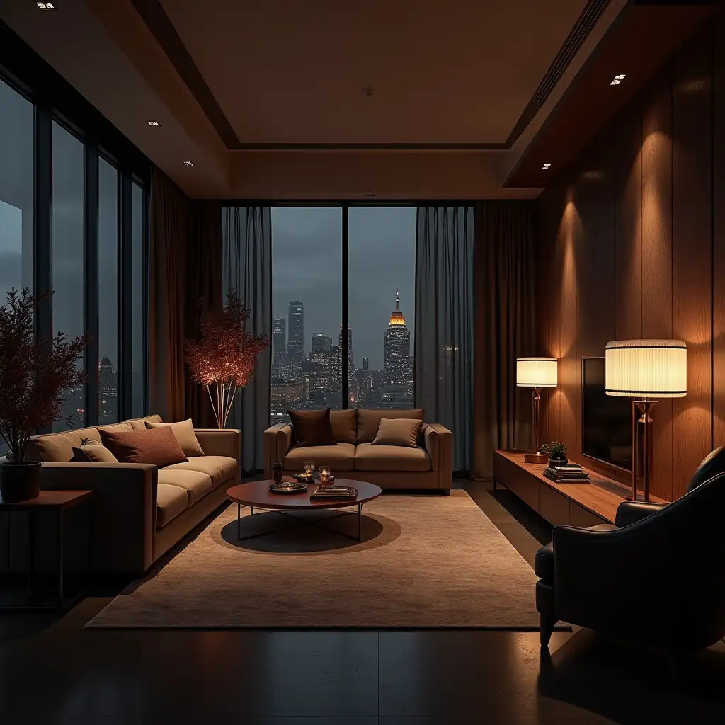 An atmospheric and richly detailed scene of a luxurious modern apartment...