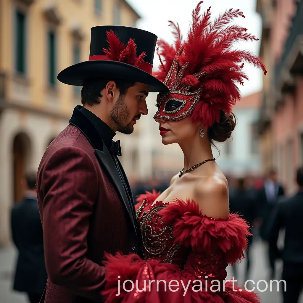 Elegant-Couple-at-Venice-Carnival-in-Stunning-Costumes-and-Masks