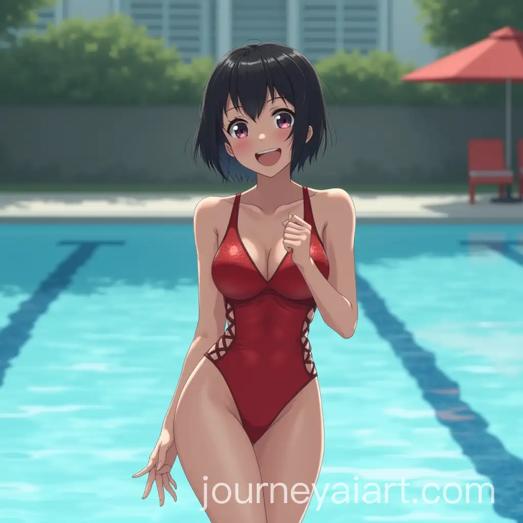 Female-Athlete-in-Red-Bikini-Posing-by-Poolside-with-Enthusiasm
