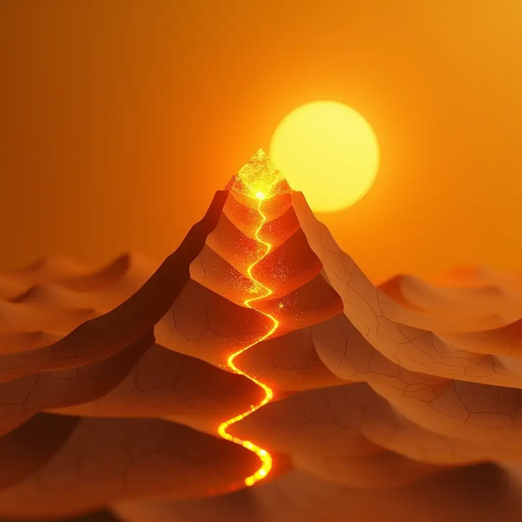 A minimalist geometric mountain floating in molten gold sunrise, matte terracotta texture with micro-cracks, abstract hexagonal fire particles in Fibonacci spiral at mountain base. Glowing amber crystal cluster on summit forming upward spiral energy field. Hidden 32-digit numeral glow in right corner, flowing ochre stardust background. Color gradient: #8B4513 → #FF4500 → #FFD700. Incorporate subtle rising arrow light trails and 'wood feeds fire' hexagram silhouette in shadows. Low poly style with neo-futurism elements, 3D matte rendering, cinematic depth of field. Circular corners composition (1:1 aspect ratio) with soft volumetric lighting --style 4b --stylize 1200 --ar 1:1